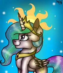 Size: 850x1000 | Tagged: safe, artist:aminaislam, princess celestia, alicorn, pony, crown, female, horn, mare, multicolored mane, multicolored tail, solo, white coat, white wings, wings