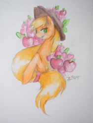 Size: 1024x1365 | Tagged: safe, artist:zzzshadows, applejack, earth pony, pony, apple, simple background, solo, traditional art, watercolor painting