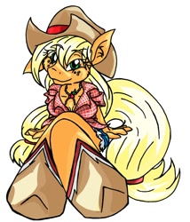 Size: 772x900 | Tagged: safe, artist:irkenpop-tart, applejack, anthro, clothes, ear fluff, simple background, sitting, solo