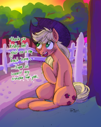 Size: 1653x2068 | Tagged: safe, artist:prismspark, applejack, earth pony, pony, blushing, cute, dialogue, female, hat, jackabetes, mare, sitting, solo, talking to viewer