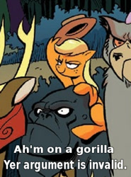 Size: 400x542 | Tagged: safe, edit, idw, applejack, earth pony, gorilla, pony, spoiler:comic, spoiler:comic28, accent, caption, comic, context is for the weak, do i look angry, female, image macro, mare, meme, reaction image, smug, wat, weird, your argument is invalid