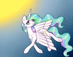 Size: 1748x1364 | Tagged: safe, artist:vivi04264, princess celestia, alicorn, pony, flying, solo, sun, underhoof