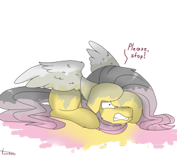 Size: 1024x904 | Tagged: safe, artist:viviechan, fluttershy, pegasus, pony, color loss, covering, faint, frown, gritted teeth, lying down, prone, scared, simple background, solo, spread wings, text, transparent background, wide eyes