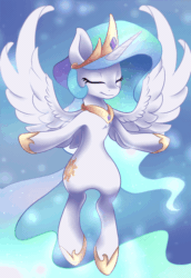 Size: 500x725 | Tagged: safe, artist:scarlet-spectrum, princess celestia, alicorn, pony, absurd file size, absurd gif size, animated, armpits, cinemagraph, crown, cutie mark, ethereal mane, ethereal tail, eyes closed, female, floating, flowing mane, flowing tail, gif, glowing mane, glowing tail, hoof shoes, jewelry, mare, multicolored mane, multicolored tail, peytral, regalia, royalty, smiling, solo, spread wings, too big for derpibooru