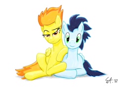 Size: 1024x724 | Tagged: safe, artist:sat-fu, derpibooru import, soarin', spitfire, female, male, shipping, soarinfire, straight