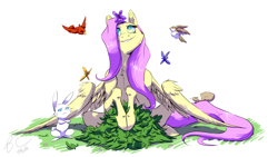 Size: 3200x1800 | Tagged: safe, artist:cabbion, angel bunny, fluttershy, pegasus, pony, rabbit, animal, doodle, duo, looking up, signature