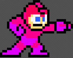 Size: 667x525 | Tagged: artist needed, source needed, safe, edit, pinkie pie, robot, arm cannon, checkered background, gray background, male, megaman, no pony, pixel art, simple background