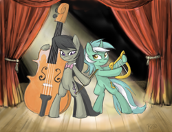 Size: 1300x1000 | Tagged: safe, artist:riafire, lyra heartstrings, octavia melody, earth pony, pony, unicorn, bipedal, cello, duo, duo female, female, lyre, musical instrument