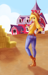 Size: 3300x5100 | Tagged: safe, artist:bumblebun, applejack, human, clothes, coin, humanized, solo, sweet apple acres