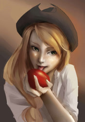 Size: 1986x2836 | Tagged: safe, artist:my-magic-dream, applejack, human, apple, humanized, solo, tongue out