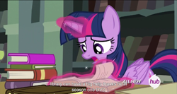 Size: 1535x814 | Tagged: safe, derpibooru import, screencap, twilight sparkle, twilight sparkle (alicorn), alicorn, pony, twilight's kingdom, female, hub logo, mare, meme, solo, youtube caption