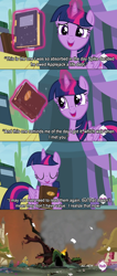 Size: 1236x2912 | Tagged: safe, derpibooru import, edit, edited screencap, screencap, twilight sparkle, twilight sparkle (alicorn), alicorn, pony, trade ya, twilight's kingdom, book, caption, comic, destruction, explosion, eyes closed, feels, female, fire, funny aneurysm moment, golden oaks library, harsher in hindsight, hub logo, hug, levitation, lidded eyes, magic, mare, meme, open mouth, sad, smiling, smoke, solo, telekinesis, text