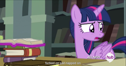 Size: 1537x813 | Tagged: safe, derpibooru import, screencap, twilight sparkle, twilight sparkle (alicorn), alicorn, pony, twilight's kingdom, female, hub logo, mare, meme, solo, vulgar, youtube caption