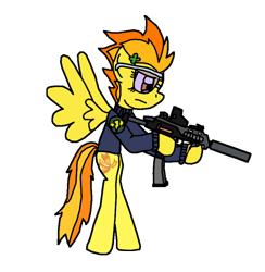 Size: 792x812 | Tagged: safe, artist:jrapcdaikari, derpibooru import, spitfire, pony, bipedal, gun, h&k mp7, hoof hold, mp7, simple background, solo, spread wings, sunglasses, suppressor, transparent background, vector