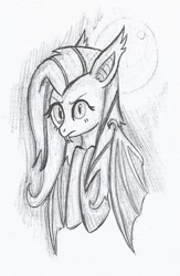 Size: 444x680 | Tagged: safe, artist:renamon729, fluttershy, bat pony, pony, flutterbat, monochrome, solo