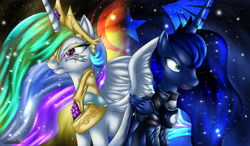 Size: 6848x4000 | Tagged: safe, artist:jeffk38uk, princess celestia, princess luna, alicorn, pony, absurd resolution, armor, gritted teeth, lunar republic, new lunar republic, solar empire