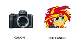 Size: 684x426 | Tagged: safe, edit, sunset shimmer, equestria girls, abuse, background pony strikes again, camera, canon, op is a cuck, op is trying to start shit, op isn't even trying anymore, pun, sad, shimmerbuse, shitposting, sunsad shimmer, sunsetabuse, visual pun