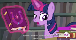 Size: 1536x812 | Tagged: safe, derpibooru import, screencap, twilight sparkle, twilight sparkle (alicorn), alicorn, pony, twilight's kingdom, female, friendship journal, hub logo, mare, meme, solo, youtube caption