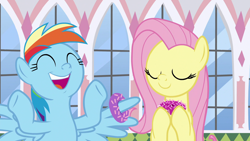 Size: 1920x1080 | Tagged: safe, derpibooru import, screencap, fluttershy, rainbow dash, pegasus, pony, the ending of the end, donut, food, wing hands, wings