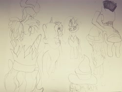 Size: 4032x3024 | Tagged: safe, artist:straightgrinza, chancellor puddinghead, clover the clever, commander hurricane, princess celestia, princess luna, princess platinum, private pansy, smart cookie, alicorn, pony, absurd resolution, monochrome, traditional art, younger