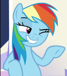 Size: 386x437 | Tagged: safe, derpibooru import, screencap, rainbow dash, pegasus, pony, sparkle's seven, cropped, female, one eye closed, wink