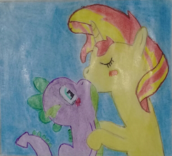 Size: 1226x1106 | Tagged: safe, spike, sunset shimmer, dragon, pony, female, kissing, love, male, shipping, straight, sunsetspike, traditional art