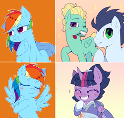 Size: 1602x1520 | Tagged: safe, artist:stuwor-art, derpibooru import, rainbow dash, soarin', twilight sparkle, twilight sparkle (alicorn), zephyr breeze, alicorn, pegasus, pony, the last problem, female, flower in mouth, lesbian, meme, rose, rose in mouth, second coronation dress, shipping, twidash