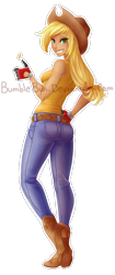 Size: 501x1190 | Tagged: safe, artist:bumblebun, applejack, human, boots, clothes, coin, humanized, jeans, shirt, solo, watermark