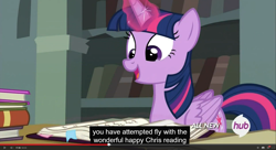 Size: 1600x870 | Tagged: safe, derpibooru import, screencap, twilight sparkle, twilight sparkle (alicorn), alicorn, pony, twilight's kingdom, chris, female, hub logo, journal, mare, meme, solo, youtube caption