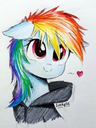 Size: 1983x2644 | Tagged: safe, artist:liaaqila, derpibooru import, rainbow dash, pegasus, pony, bust, clothes, cute, dashabetes, female, floppy ears, hoodie, mare, messy mane, portrait, smiling, solo, traditional art