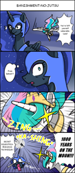 Size: 650x1485 | Tagged: safe, artist:acesrockz, nightmare moon, princess celestia, alicorn, pony, armor, banished, comic, dialogue, female, hatake kakashi, kakashi would be proud, leaf village secret finger jutsu: 1000 years of death, mare, naruto, speech bubble, speed lines, to the moon