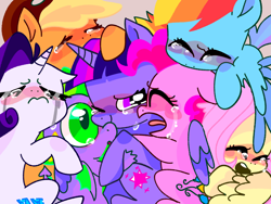 Size: 1280x960 | Tagged: safe, artist:b0uncy-cottonball, derpibooru import, applejack, fluttershy, pinkie pie, rainbow dash, rarity, spike, twilight sparkle, twilight sparkle (alicorn), alicorn, dragon, earth pony, pegasus, pony, unicorn, blushing, crying, cute, end of ponies, eyes closed, female, male, mane seven, mane six, mare, one eye closed, open mouth, winged spike