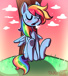 Size: 843x938 | Tagged: safe, artist:duckoiii, derpibooru import, rainbow dash, pegasus, pony, blushing, cloud, eyes closed, heart, heart hoof, resting, solo, sweat, under the tree, underhoof