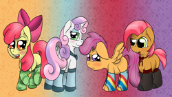 Size: 1920x1080 | Tagged: safe, artist:thexiiilightning, derpibooru import, apple bloom, babs seed, scootaloo, sweetie belle, adorababs, adorabloom, blushing, clothes, cute, cutealoo, cutie mark crusaders, diasweetes, socks, wallpaper