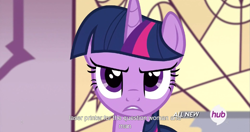 Size: 1535x811 | Tagged: safe, derpibooru import, screencap, twilight sparkle, twilight sparkle (alicorn), alicorn, pony, twilight's kingdom, female, hub logo, mare, meme, solo, youtube caption