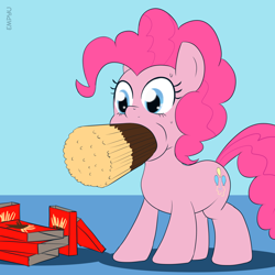 Size: 1000x1000 | Tagged: safe, artist:empyu, pinkie pie, earth pony, pony, 30 minute art challenge, food, gentlemen, mouthfull, pocky, snack, snacks, solo