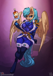 Size: 910x1300 | Tagged: safe, artist:atryl, oc, oc:spur bevel, anthro, pegasus, unguligrade anthro, alcohol, armor, ascot, bedroom eyes, clothes, coat, female, leaning, looking at you, magic, mare, ring, socks, solo, thigh highs