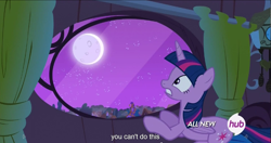 Size: 1537x813 | Tagged: safe, derpibooru import, screencap, twilight sparkle, twilight sparkle (alicorn), alicorn, pony, twilight's kingdom, all new, female, hub logo, mare, meme, moon, solo, text, window, youtube caption