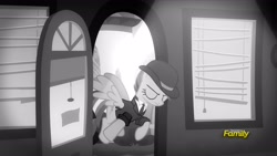 Size: 1920x1080 | Tagged: safe, derpibooru import, screencap, rainbow dash, pegasus, pony, sparkle's seven, bowler hat, hat, investigator dash, monochrome, noir, rainbow dash always dresses in style, solo