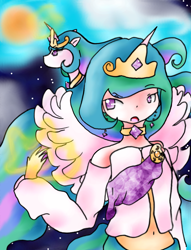 Size: 2523x3306 | Tagged: safe, artist:mizuki-yorudan, princess celestia, human, pony, belly button, horned humanization, human ponidox, humanized, midriff, self ponidox, solo, tailed humanization, winged humanization, wings