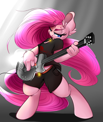 Size: 3000x3550 | Tagged: safe, artist:madacon, pinkie pie, anthro, badass, bipedal, clothes, collar, guitar, guitar pick, hand, musical instrument, pinkie being pinkie, playing, rocker, shorts, solo, spikes