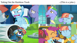 Size: 1058x595 | Tagged: safe, derpibooru import, edit, edited screencap, screencap, bow hothoof, rainbow dash, scootaloo, windy whistles, pegasus, pony, newbie dash, parental glideance, abuse, comic, dashabuse, fallout, joke, oops, op is a cuck, op is trying to be funny, op is trying to start shit, rainbow trash, replaced, scootadoption, scootalove, screencap comic