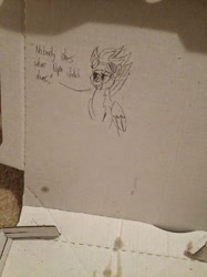 Size: 581x775 | Tagged: safe, derpibooru import, spitfire, goggles, monochrome, pizza, pizza box, sketch, solo, traditional art, wonderbolts uniform