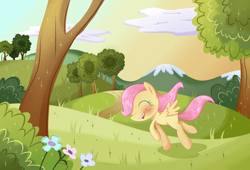 Size: 2790x1900 | Tagged: safe, artist:patchnpaw, fluttershy, pegasus, pony, the cutie mark chronicles, eyes closed, filly, filly fluttershy, happy, scene interpretation, solo