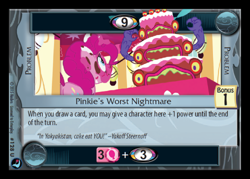 Size: 500x358 | Tagged: safe, pinkie pie, earth pony, pony, cake, ccg, enterplay, food, high magic, yakoff steernoff