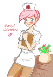 Size: 885x1280 | Tagged: safe, artist:johnjoseco, artist:redge, color edit, edit, nurse redheart, human, adoredheart, blushing, clothes, colored, heart, humanized, pantyhose, solo