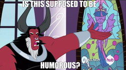 Size: 1024x569 | Tagged: safe, derpibooru import, edit, edited screencap, screencap, lord tirek, twilight sparkle, twilight sparkle (alicorn), alicorn, pony, twilight's kingdom, exploitable meme, female, hub logo, is this supposed to be humorous, mare, meme, meme origin, reaction image, stained glass