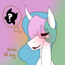 Size: 844x844 | Tagged: safe, artist:moonaknight13, princess celestia, spike, alicorn, dragon, pony, blushing, eyes closed, female, male, question mark, shipping, smiling, spikelestia, straight, text, thinking