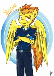 Size: 2508x3541 | Tagged: safe, artist:navigatoralligator, derpibooru import, spitfire, anthro, pegasus, belt, clothes, dress uniform, pants, shirt, smug, solo, uniform, wonderbolts dress uniform