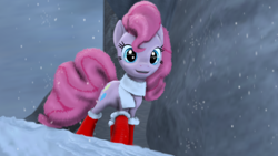 Size: 1920x1080 | Tagged: safe, artist:skrittzs, pinkie pie, earth pony, pony, 3d, boots, clothes, scarf, snow, snowfall, solo